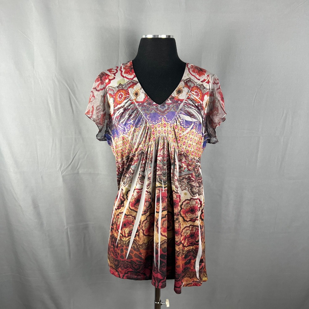 OneWorld Live And Let Live Top Womens XL Multi Floral Stretch Pleated Lace Trim